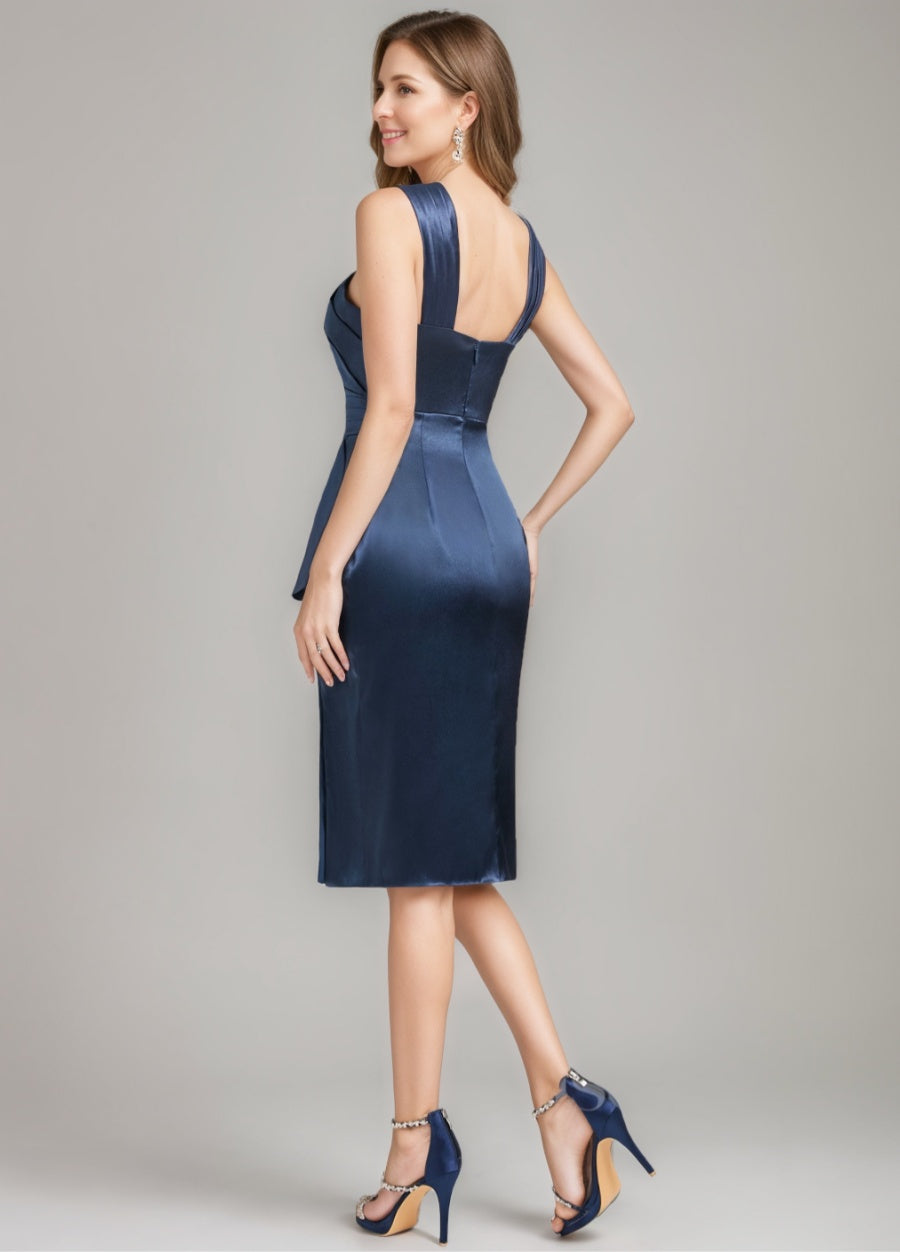 Knee-Length Ruched Mother of the Bride Dress with Criss Cross Sheath/Column Design Ruffles & Side Slit
