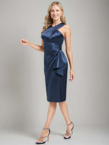 Knee-Length Ruched Mother of the Bride Dress with Criss Cross Sheath/Column Design Ruffles & Side Slit