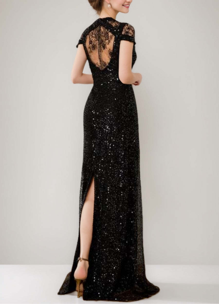 Sequined Plunge V-Neck Floor-Length Mother of the Bride Dress with Lace and Slit