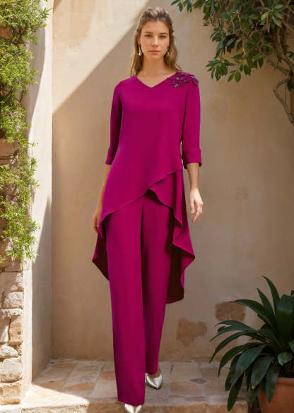 2-Piece V-Neck 3/4 Sleeve Floor-Length Ruffled Pantsuit with Jewel Embellishments for the Mother of the Bride