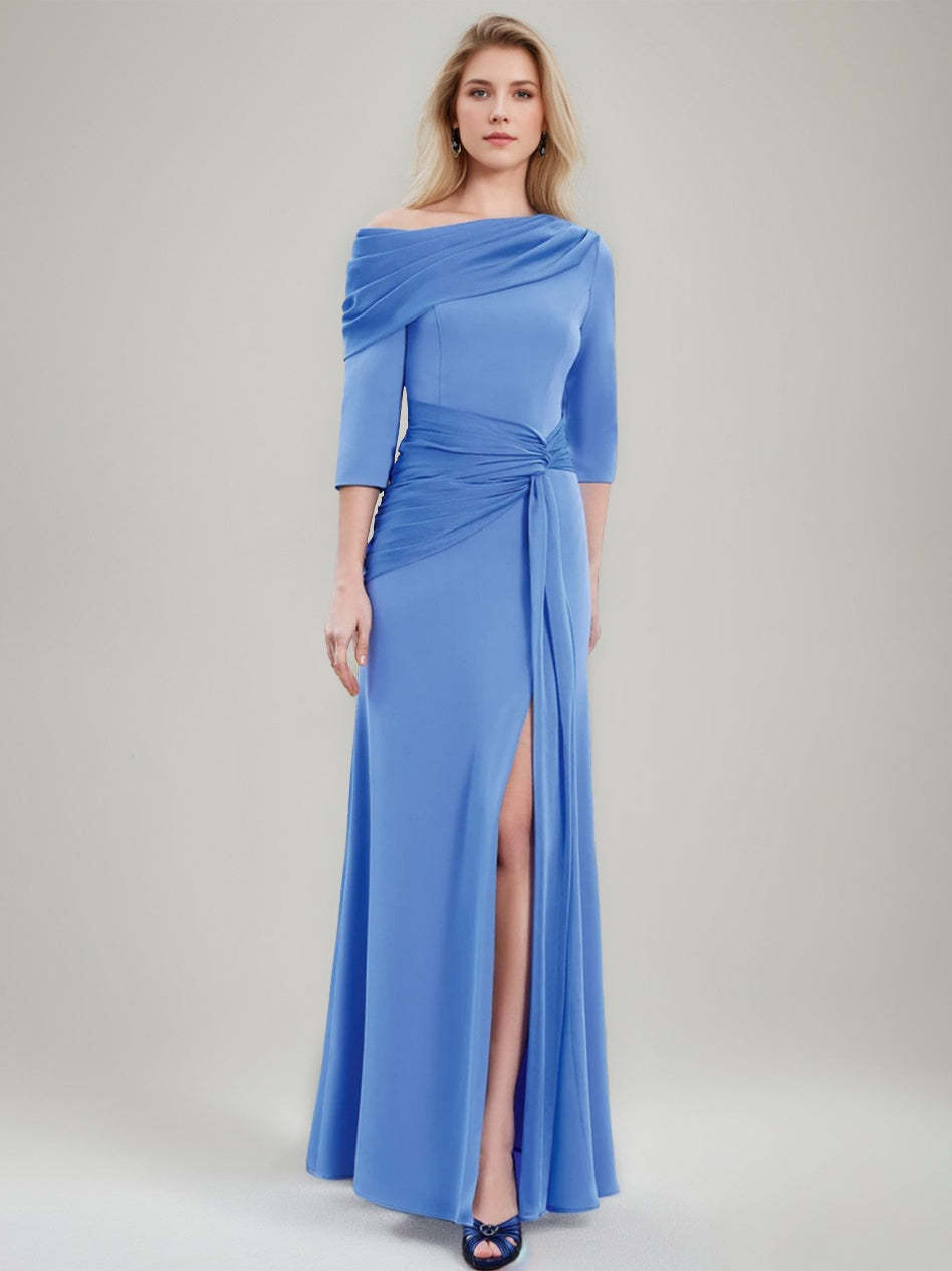 Asymmetrical Sheath/Column Gown with Draped Neckline 3/4 Sleeves and Floor-Length Pleated Chiffon Design Featuring a Slit