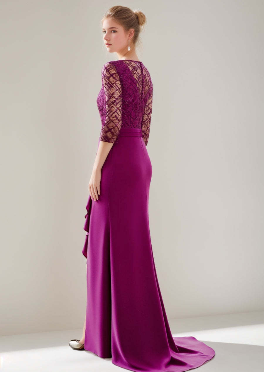 V-Neck Floor-Length Trumpet/Mermaid Mother of the Bride Dress with Slit Ruffles and Tulle Lace