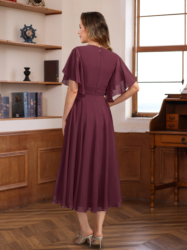 V-Neck A-Line Princess Dresses with Ruched Pleats and Jewel Appliques for Mothers of the Bride & Groom