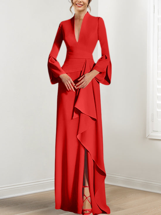 V-Neck Floor-Length Mother of the Bride Dress With Side Split and Long Sleeves-BMbridal