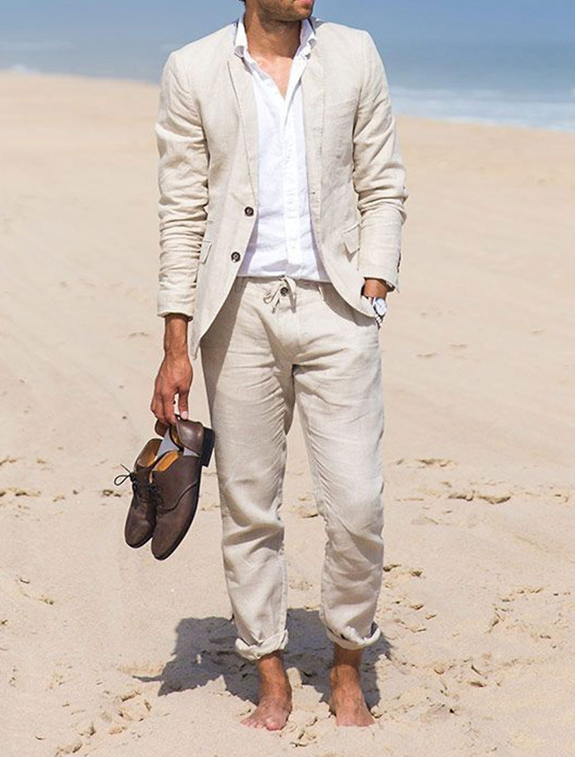 Solid Colored Linen Two-Button Single-Breasted Suit For Men Tailored Fit-BMbridal