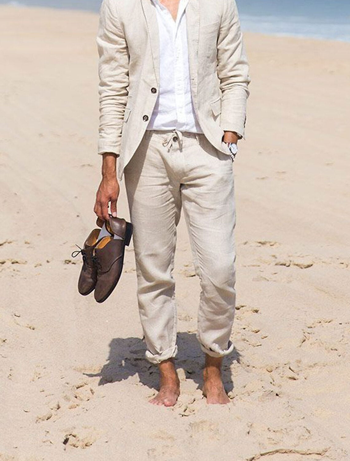 Solid Colored Linen Two-Button Single-Breasted Suit For Men Tailored Fit-BMbridal