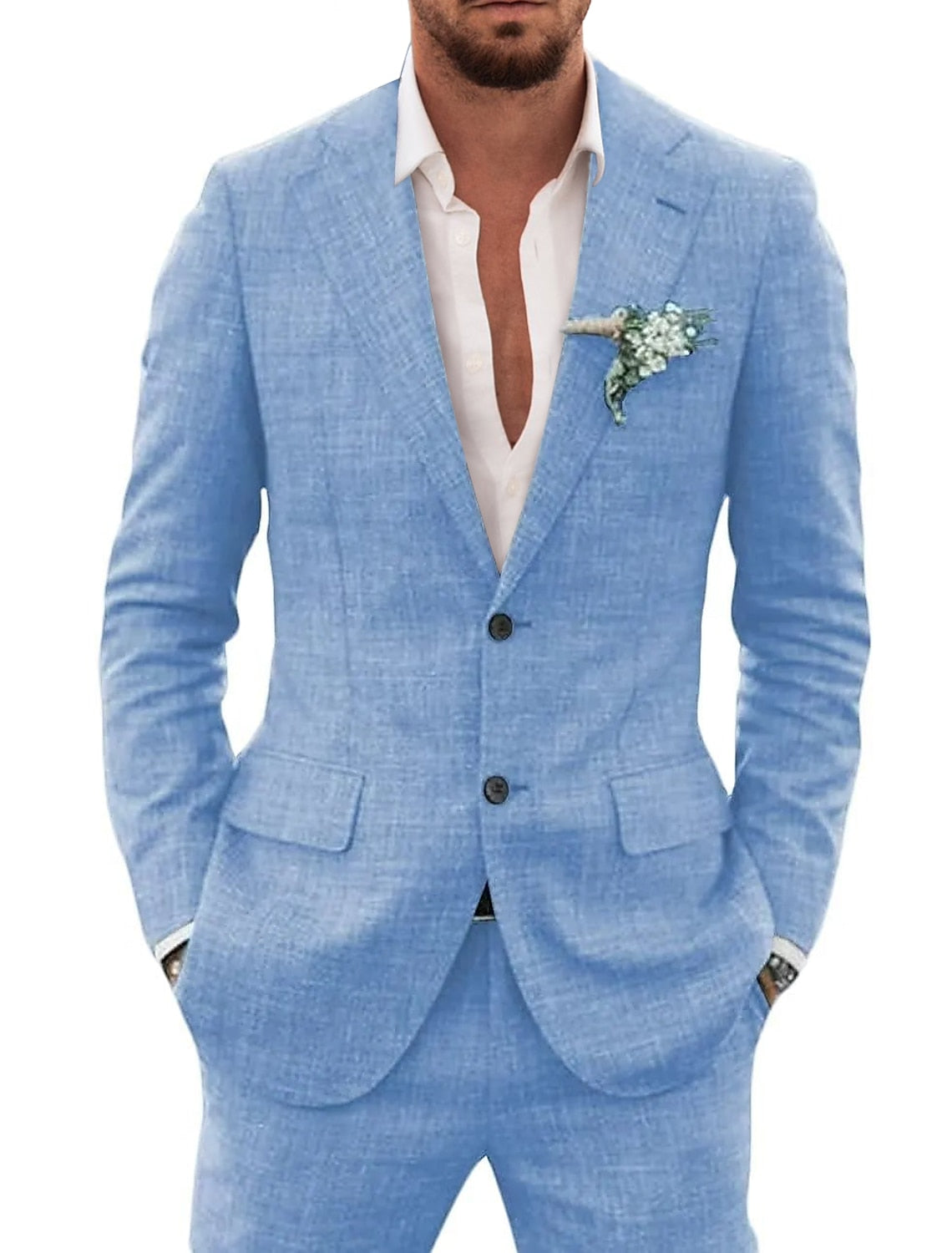 Two-Piece Solid-Colored Linen Suit For Men Tailored Fit With Single-Breasted Two-Button Design-BMbridal