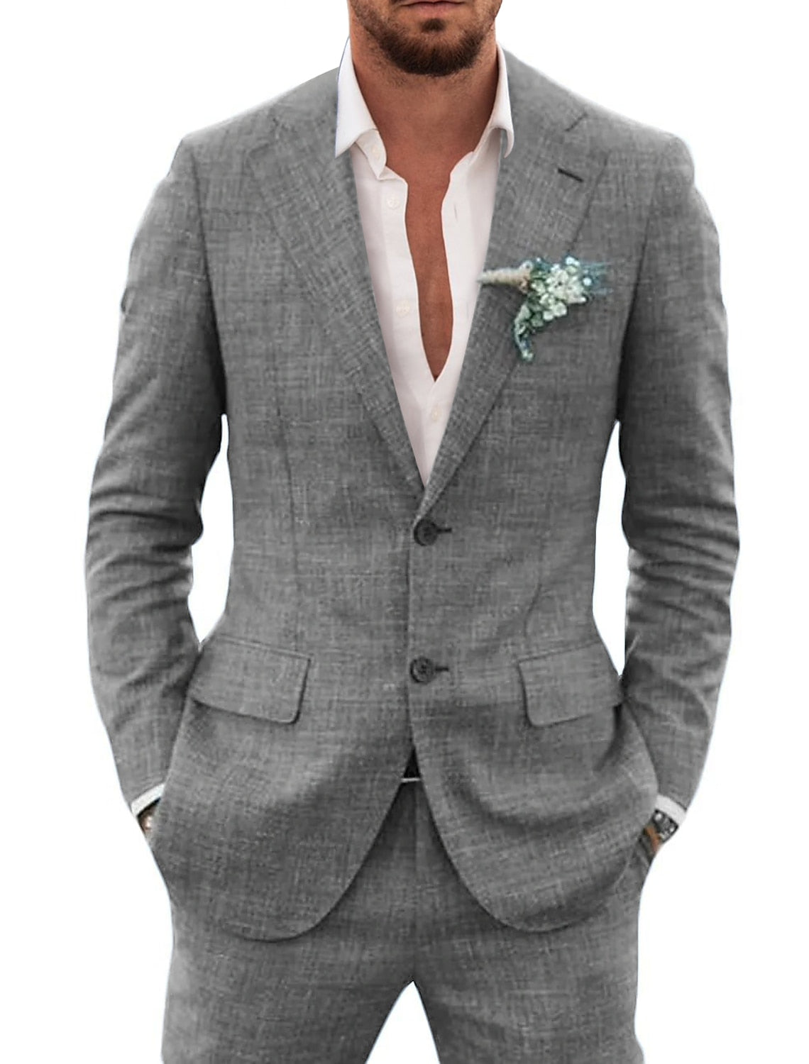 Two-Piece Solid-Colored Linen Suit For Men Tailored Fit With Single-Breasted Two-Button Design-BMbridal