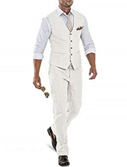 Solid Colored Linen Suits For Men - Tailored Fit Single Breasted 2-Piece Set-BMbridal
