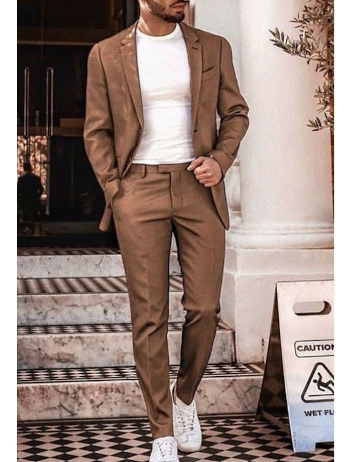 Two-Piece Solid Colored Linen Suit For Men Tailored Fit With Single Breasted Two-Button Design-BMbridal