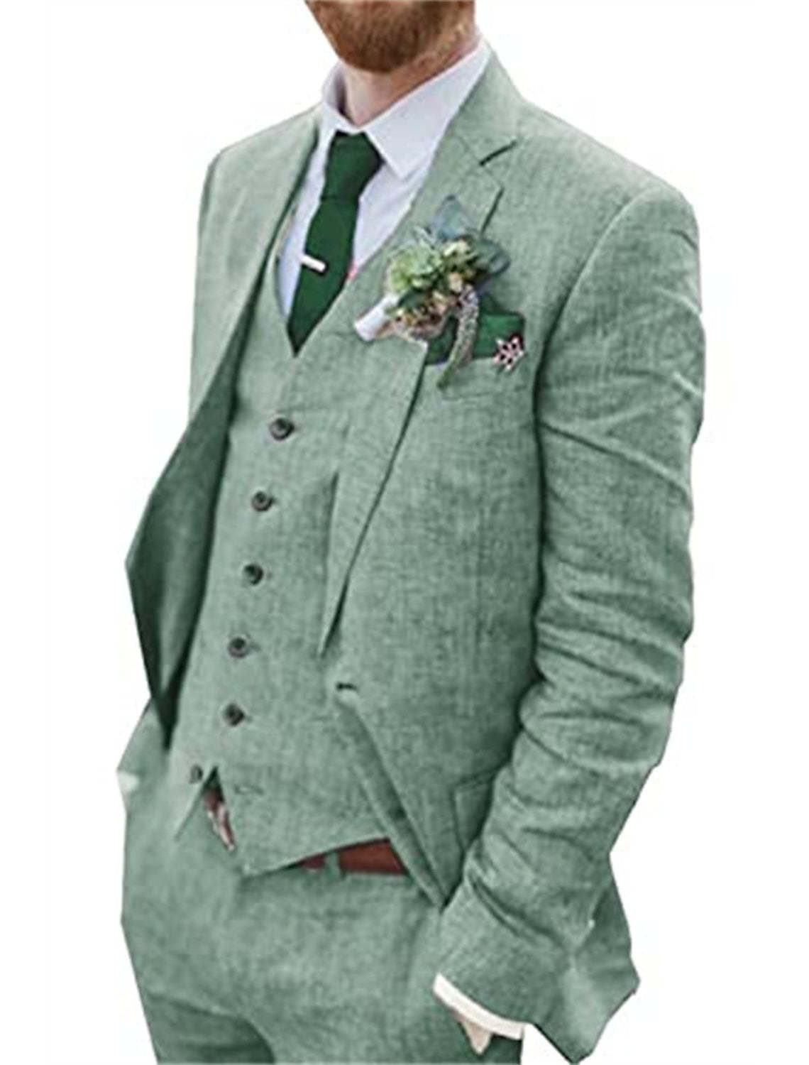 Men's Solid Colored Linen 3-Piece Suit With Tailored Fit And Two-Button Single Breasted Design-BMbridal