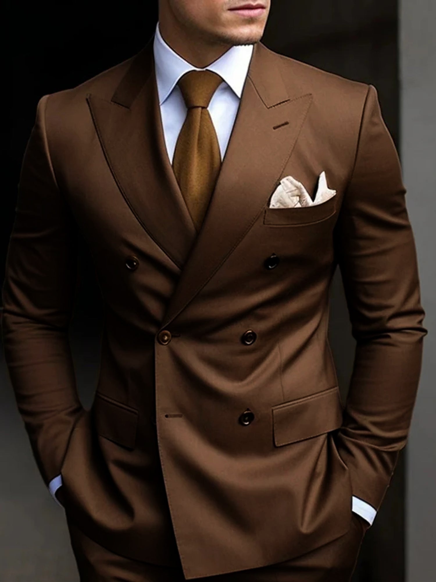 Double Breasted Six-Button Tailored Fit Wedding Suit For Men In Solid Colors-BMbridal