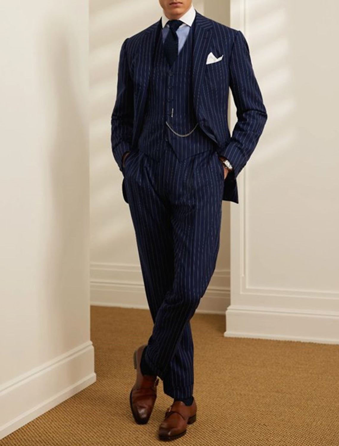 Men's Two-Piece Striped Wedding Suit In Tailored Fit With Single Breast And Two Buttons-BMbridal