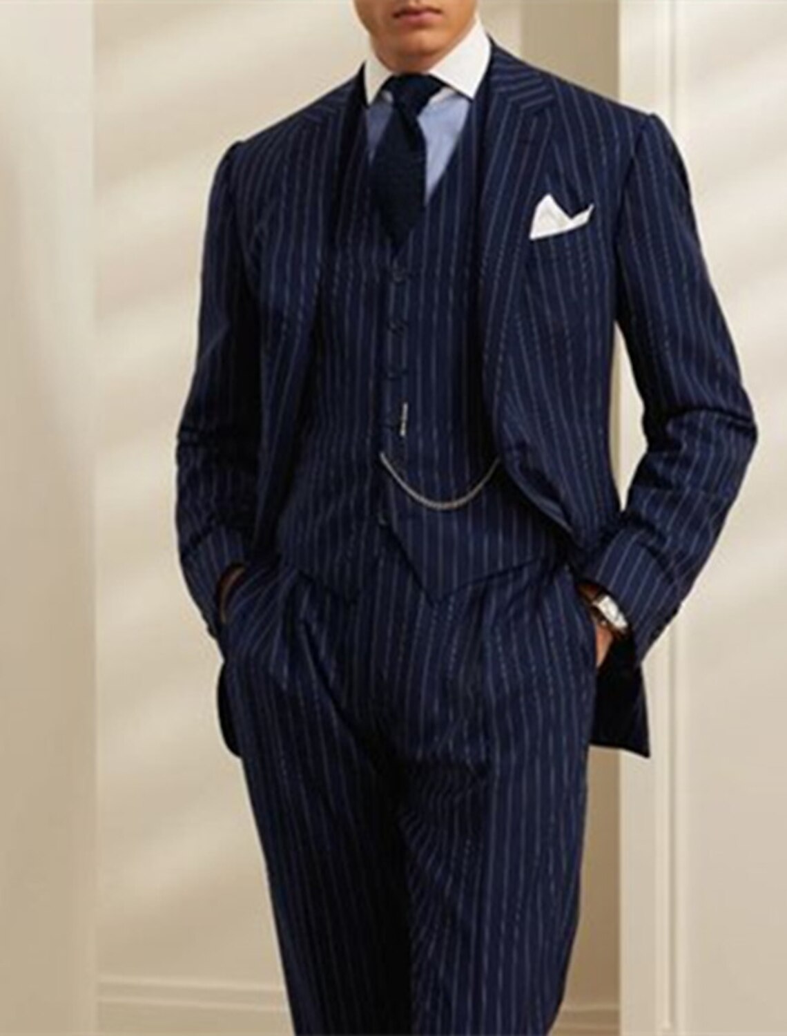 Men's Two-Piece Striped Wedding Suit In Tailored Fit With Single Breast And Two Buttons-BMbridal