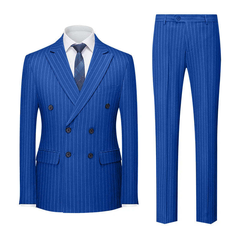 Men's Tailored Fit Double Breasted 2-Piece Striped Wedding Suit In Blue Khaki Burgundy Gray And Black With Six Buttons-BMbridal