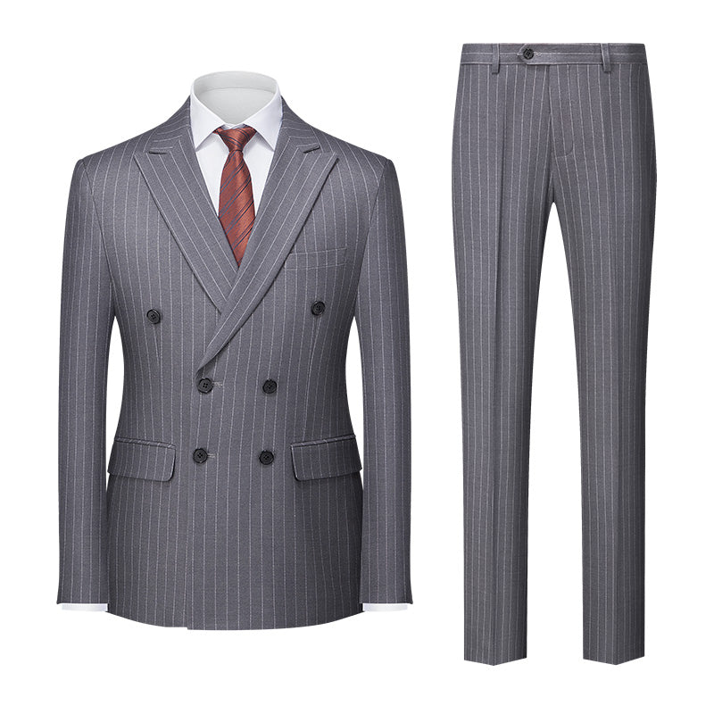 Men's Tailored Fit Double Breasted 2-Piece Striped Wedding Suit In Blue Khaki Burgundy Gray And Black With Six Buttons-BMbridal