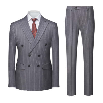 Men's Tailored Fit Double Breasted 2-Piece Striped Wedding Suit In Blue Khaki Burgundy Gray And Black With Six Buttons-BMbridal