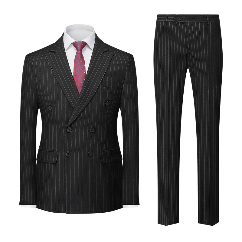 Men's Tailored Fit Double Breasted 2-Piece Striped Wedding Suit In Blue Khaki Burgundy Gray And Black With Six Buttons-BMbridal