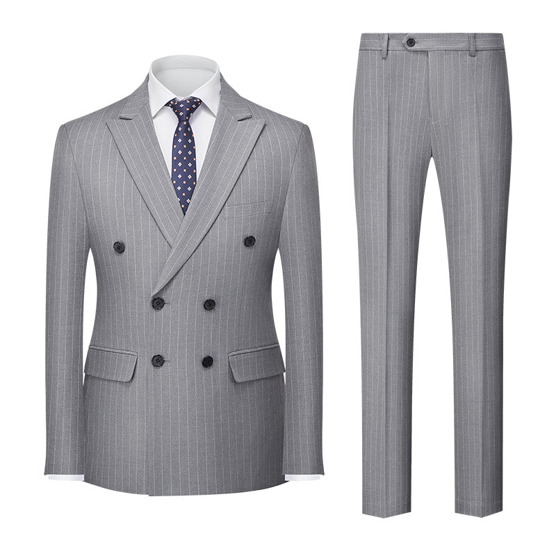 Men's Tailored Fit Double Breasted 2-Piece Striped Wedding Suit In Blue Khaki Burgundy Gray And Black With Six Buttons-BMbridal