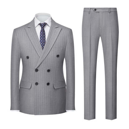 Men's Tailored Fit Double Breasted 2-Piece Striped Wedding Suit In Blue Khaki Burgundy Gray And Black With Six Buttons-BMbridal