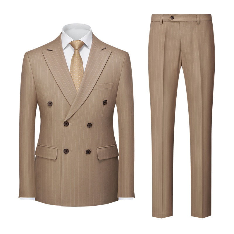 Men's Tailored Fit Double Breasted 2-Piece Striped Wedding Suit In Blue Khaki Burgundy Gray And Black With Six Buttons-BMbridal