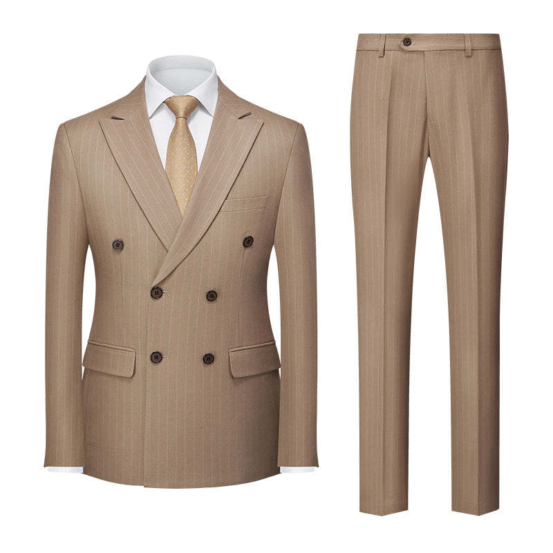 Men's Tailored Fit Double Breasted 2-Piece Striped Wedding Suit In Blue Khaki Burgundy Gray And Black With Six Buttons-BMbridal