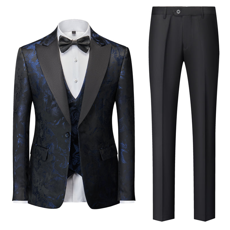 Men's Tailored Fit Single Breasted One-Button 3-Piece Printed Wedding Suit In Blue Red Gold And Black-BMbridal
