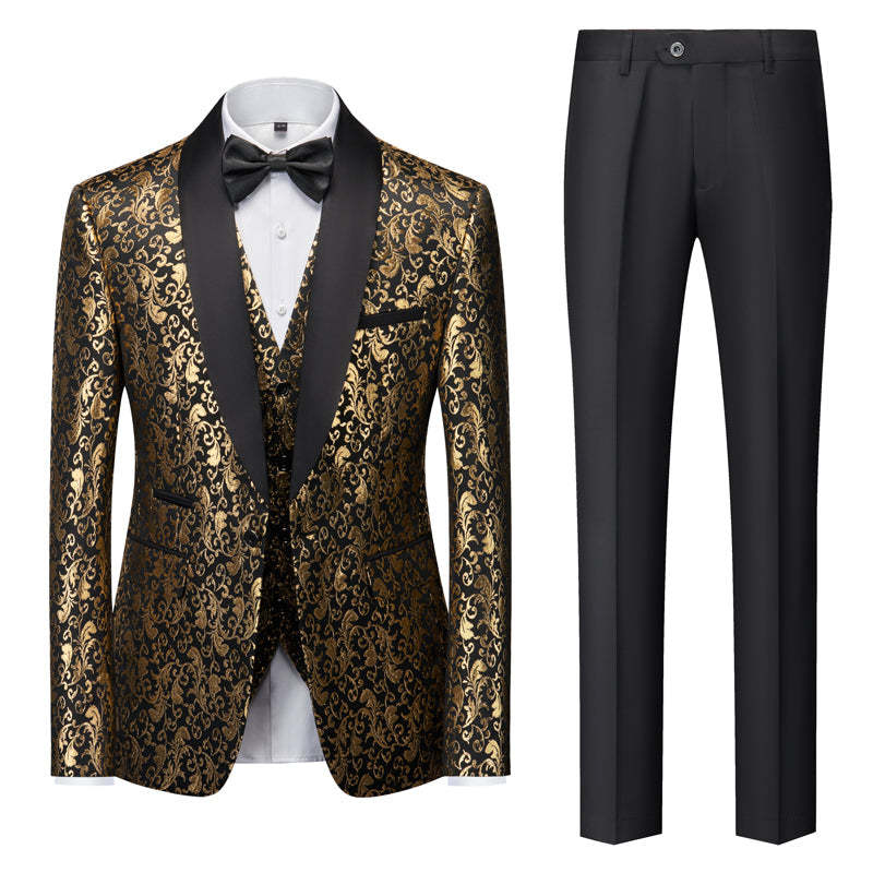 Men's Gold Tailored Fit Single-Breasted 3-Piece Printed Prom Party Suit With One Button-BMbridal