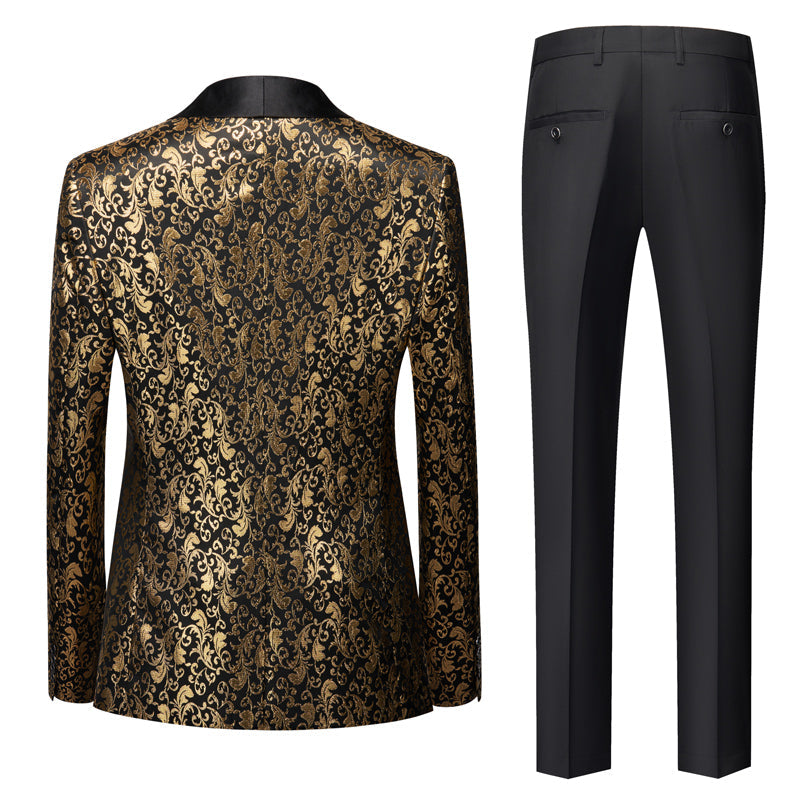 Men's Gold Tailored Fit Single-Breasted 3-Piece Printed Prom Party Suit With One Button-BMbridal