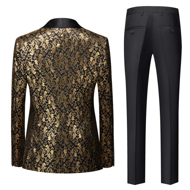 Men's Gold Tailored Fit Single-Breasted 3-Piece Printed Prom Party Suit With One Button-BMbridal