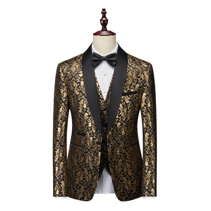 Men's Gold Tailored Fit Single-Breasted 3-Piece Printed Prom Party Suit With One Button-BMbridal