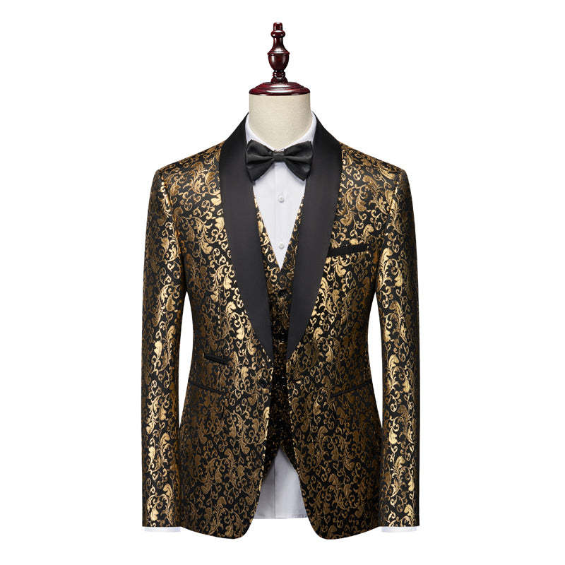 Men's Gold Tailored Fit Single-Breasted 3-Piece Printed Prom Party Suit With One Button-BMbridal