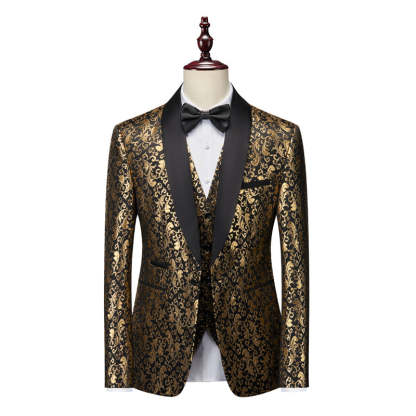 Men's Gold Tailored Fit Single-Breasted 3-Piece Printed Prom Party Suit With One Button-BMbridal