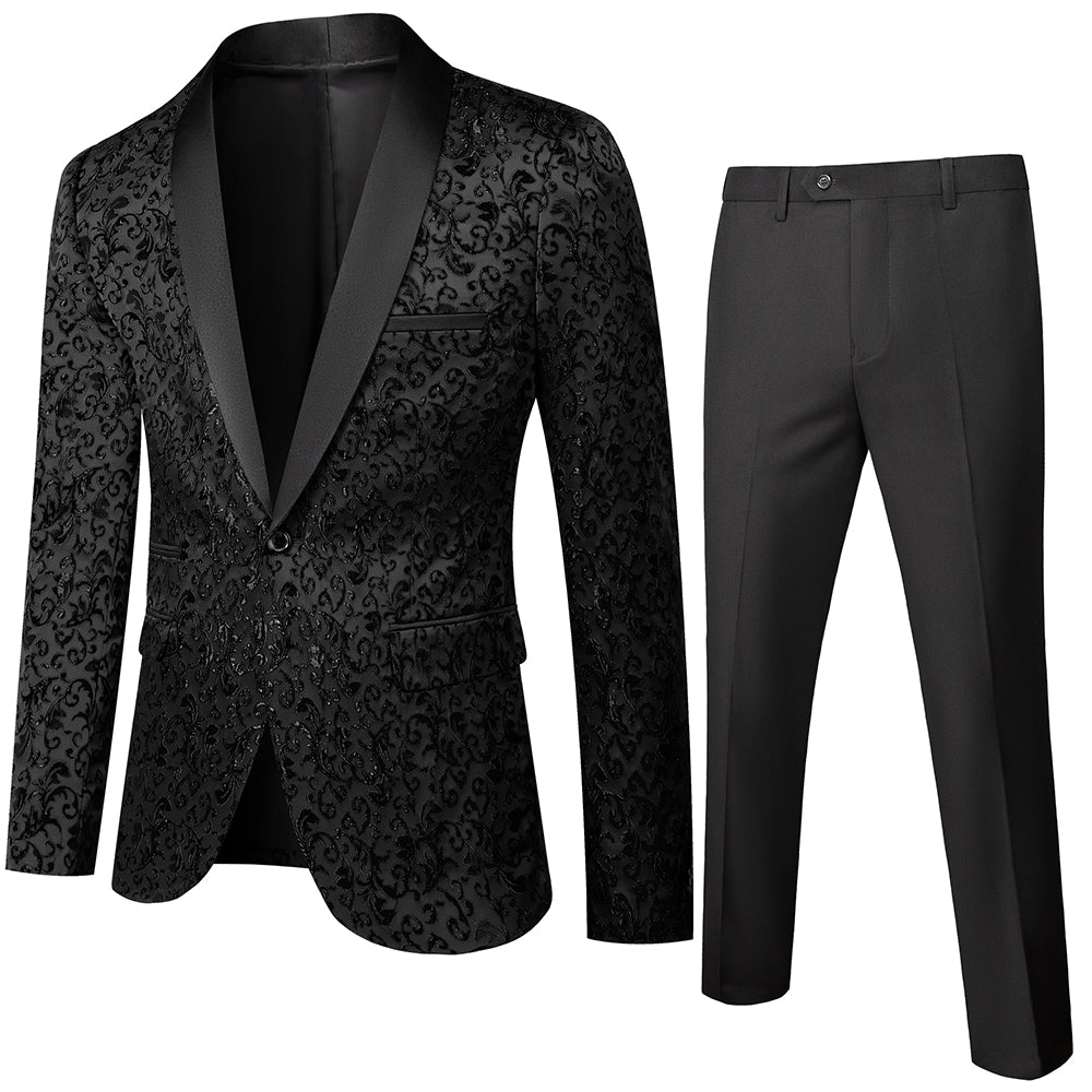 Men's Tailored Fit Single Breasted One-Button 2 Pieces Printed Prom Party Suits In Blue White Black And Burgundy-BMbridal