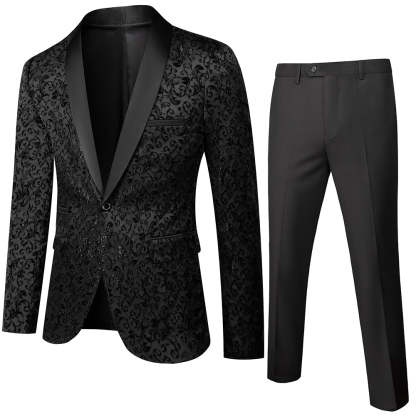 Men's Tailored Fit Single Breasted One-Button 2 Pieces Printed Prom Party Suits In Blue White Black And Burgundy-BMbridal