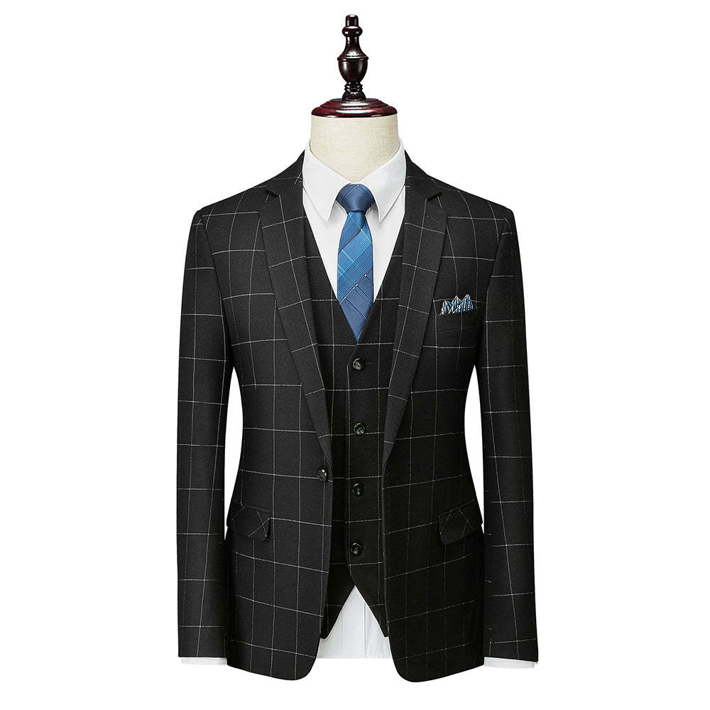 Single-Button Tailored Plaid Wedding Suit For Men 3-Piece Set-BMbridal