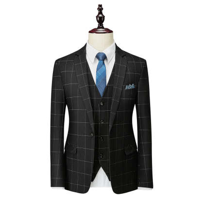Single-Button Tailored Plaid Wedding Suit For Men 3-Piece Set-BMbridal