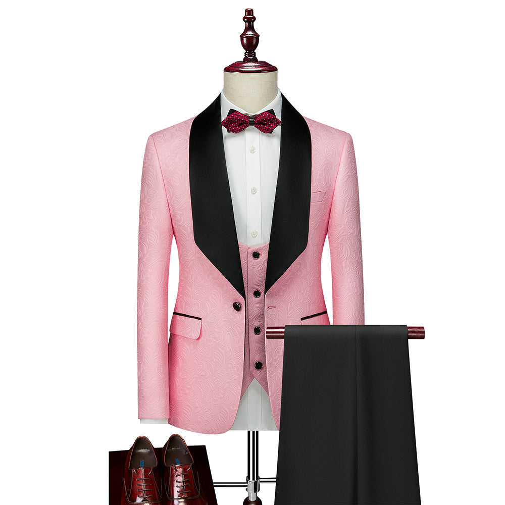 Men's Tailored Fit Single-Breasted One-Button 3-Piece Wedding Suit In Champagne Pink Red White And Black Patterns-BMbridal