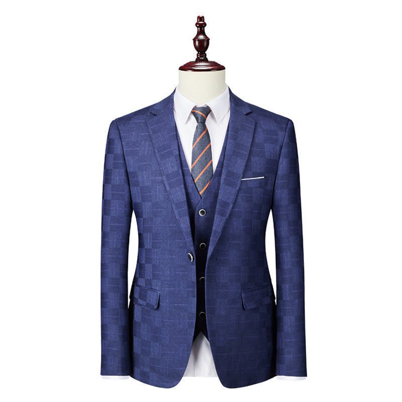 Men's Tailored Fit Single Breasted One-Button 3-Piece Plaid Wedding Suit In Blue Burgundy Black-BMbridal
