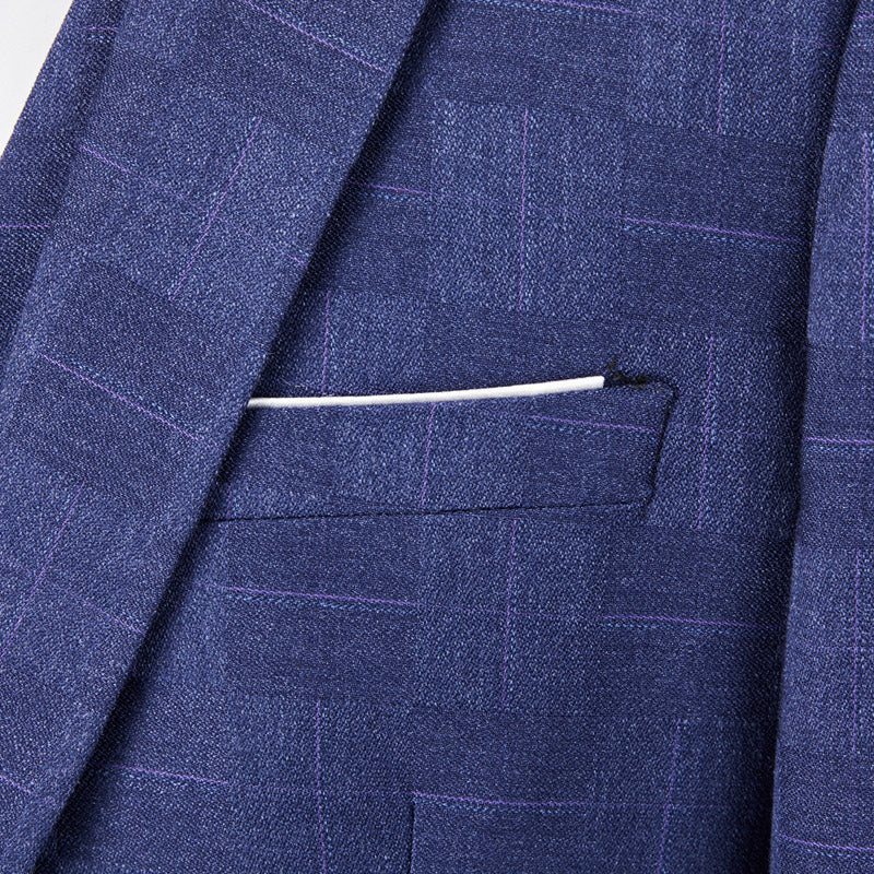 Men's Tailored Fit Single Breasted One-Button 3-Piece Plaid Wedding Suit In Blue Burgundy Black-BMbridal