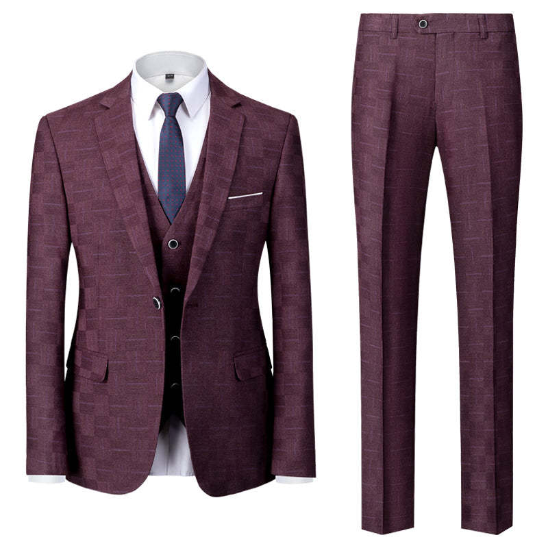 Men's Tailored Fit Single Breasted One-Button 3-Piece Plaid Wedding Suit In Blue Burgundy Black-BMbridal