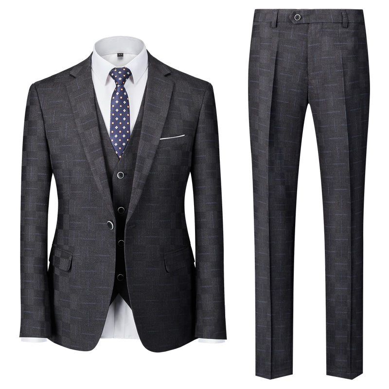 Men's Tailored Fit Single Breasted One-Button 3-Piece Plaid Wedding Suit In Blue Burgundy Black-BMbridal