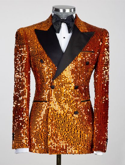 Men's Tailored Fit Double Breasted Six-Button Sequins Party Jacket In Gold Pink Orange Silver And Black-BMbridal