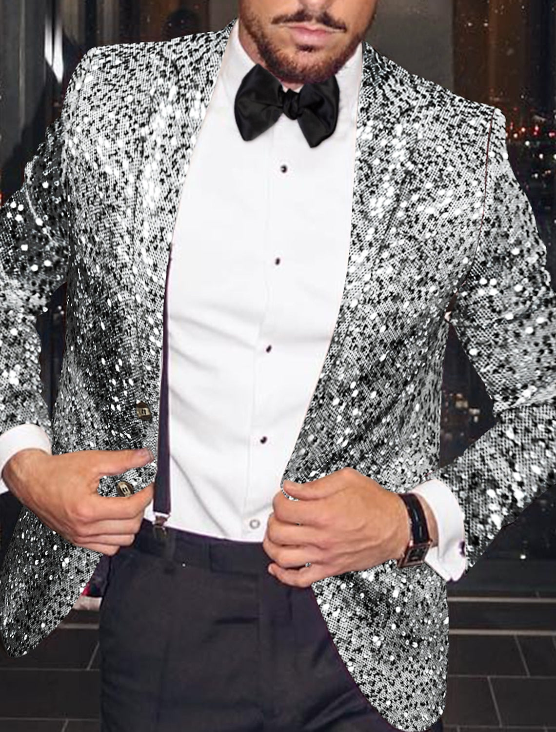 Men's Single-Breasted One-Button Tailored Fit Party Jacket In Gold And Silver Sequins-BMbridal