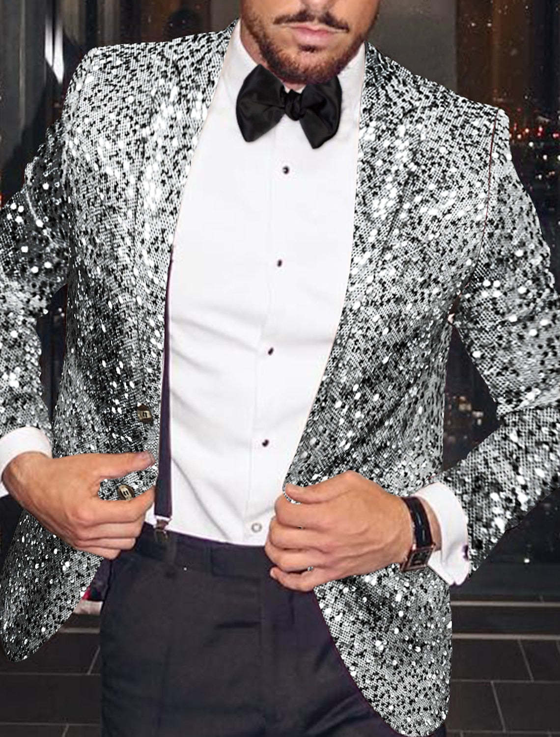 Men's Single-Breasted One-Button Tailored Fit Party Jacket In Gold And Silver Sequins-BMbridal