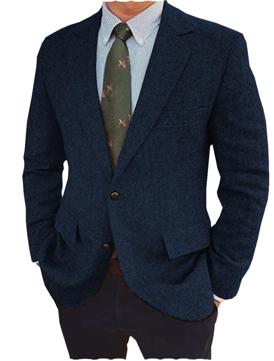 Men's Casual Tweed Jacket In Brown Blue Tailored Fit With Two Buttons-BMbridal
