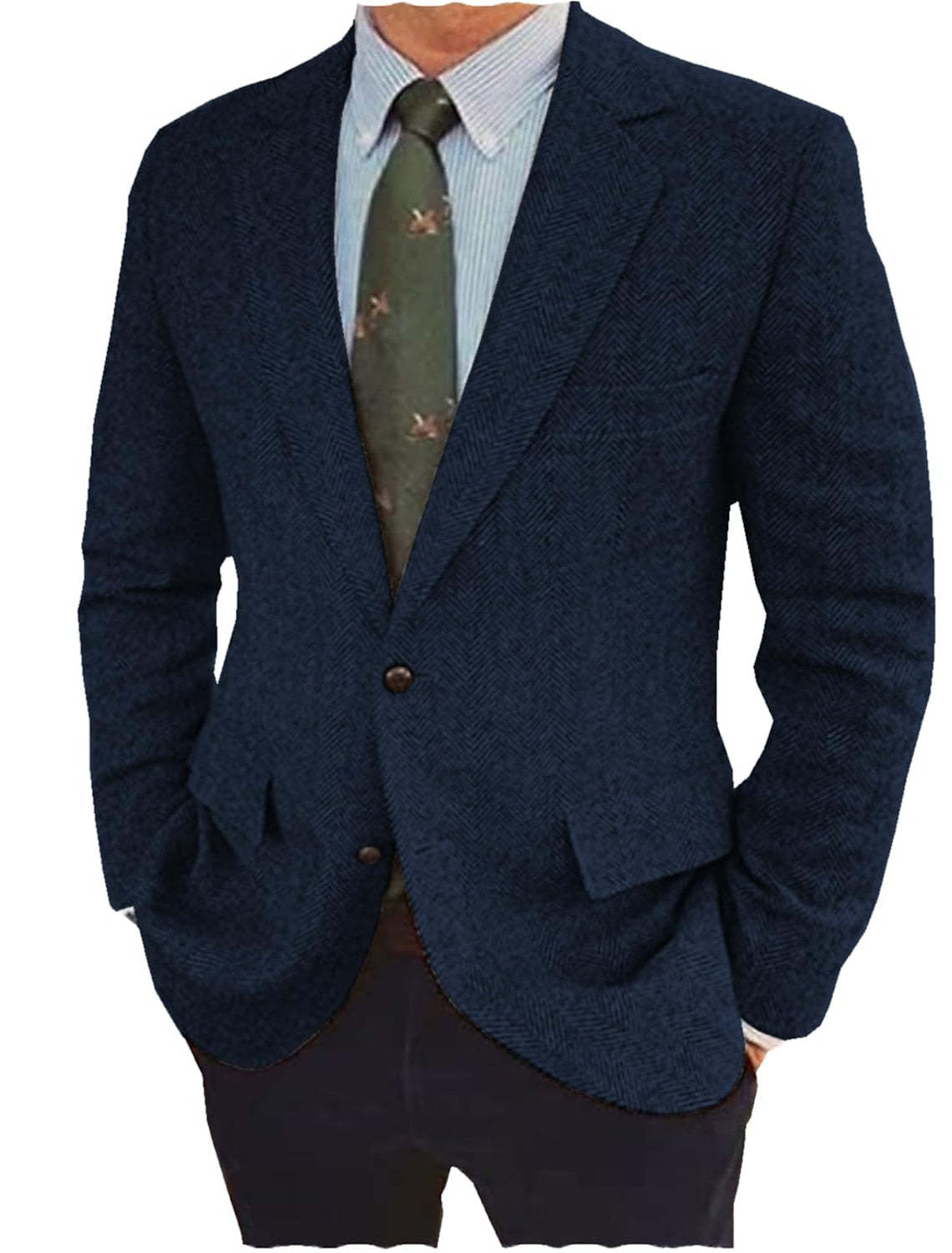 Men's Casual Tweed Jacket In Brown Blue Tailored Fit With Two Buttons-BMbridal