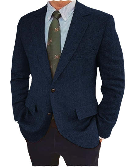 Men's Casual Tweed Jacket In Brown Blue Tailored Fit With Two Buttons-BMbridal
