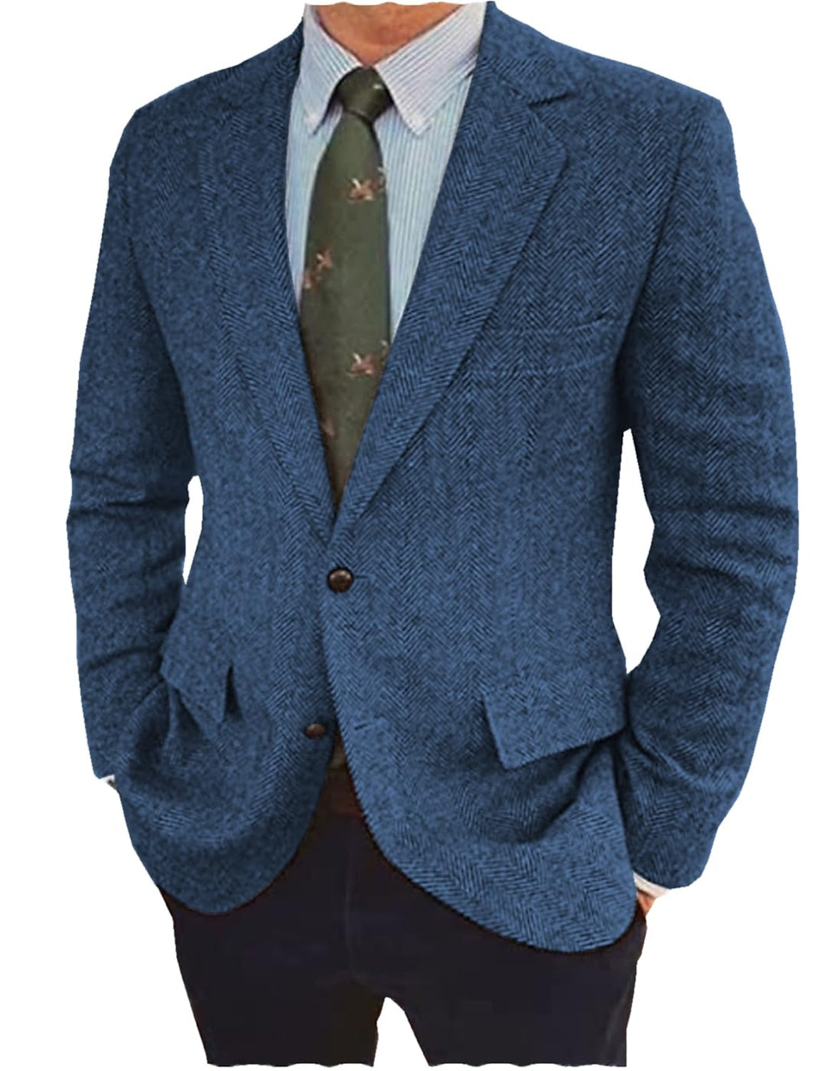 Men's Casual Tweed Jacket In Brown Blue Tailored Fit With Two Buttons-BMbridal