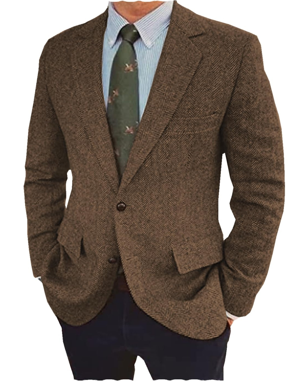 Men's Casual Tweed Jacket In Brown Blue Tailored Fit With Two Buttons-BMbridal